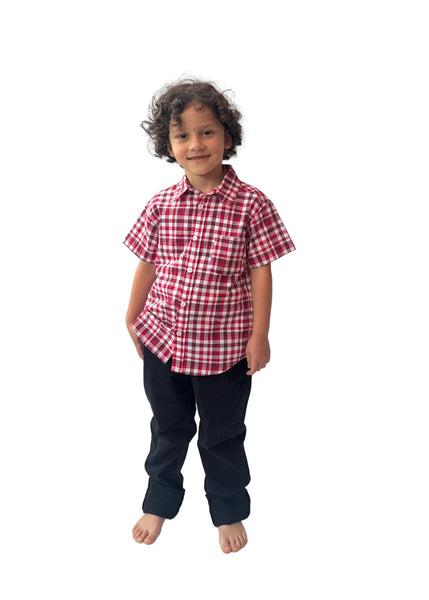 Camisa Tartan Boy | Camisa de Niño en Algodón 100% con Cuadros Tartán Rojo y Blanco