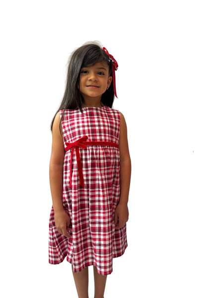 Vestido Tartan Girl | Vestido de Niña en Algodón 100% con Lazo de Pana Rojo